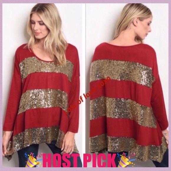 Wine Gold Sequins Oversized Stripe Tunic Top - Picture 2 of 10